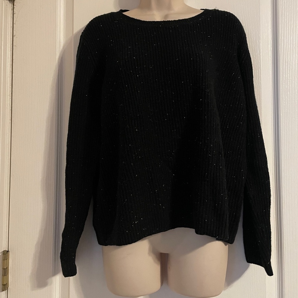Harper Lane Black Speckled Ribbed Knit Sweater Large Wool Blend Academia Preppy